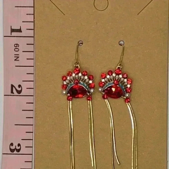 Red ruby color jewel drop swing earrings turquoise enamel baby beaded pearl EUC - Picture 2 of 2